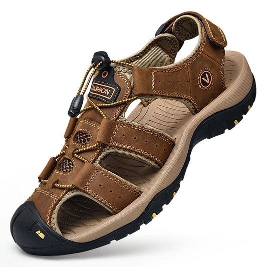 Men’s Summer Genuine Leather Sandals – Casual Outdoor Roman Beach Shoes, Plus Size 38–48